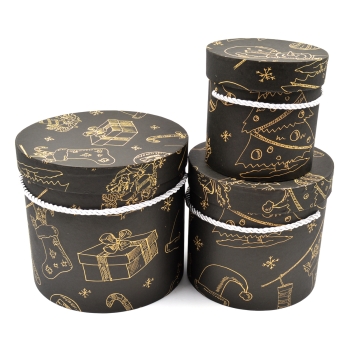 Set 3 cutii rotunde Motive Craciun negru cu auriu AFO