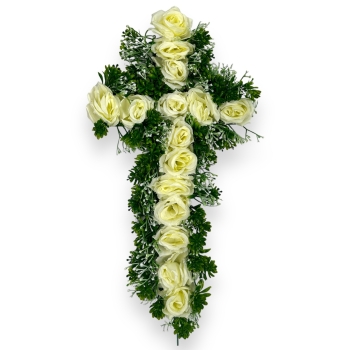 Cruce funerara cu flori artificiale albe
