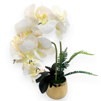 Ghiveci cu 2 fire orhidee alb/galben si ghiveci auriu