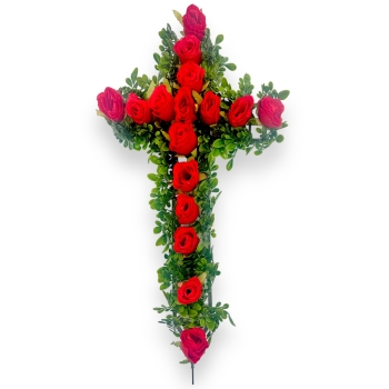 Cruce funerara cu Trandafiri artificiali Rosii