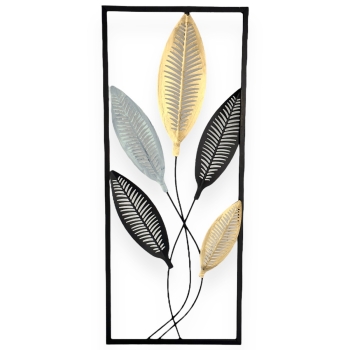 Tablou decorativ metalic 5 frunze de Ficus negru auriu
