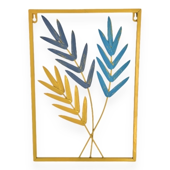 Tablou decorativ metalic 3 frunze de maslin albastru auriu