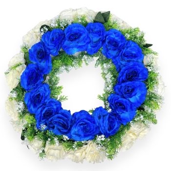Coronita Artificala Trandafiri si Verdeata Alb-Albastru
