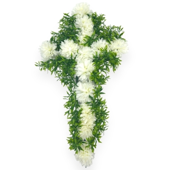 Cruce funerara din crizantema si verdeața artificiala alba