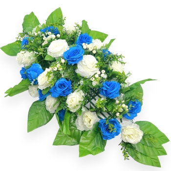 Coroana Artificiala Tip Jerba Bobite si Trandafiri Alb cu Albastru